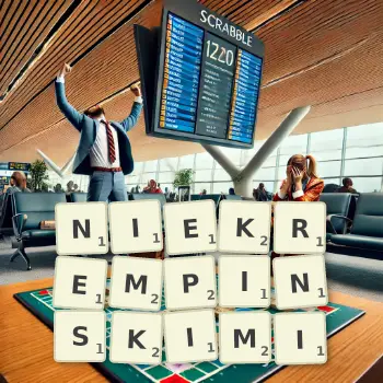Kreatywna ilustracja do gry w Scrabble ze słowem NIEKREMPINSKIMI ułożonym z płytek na planszy.