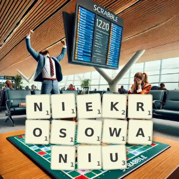 Kreatywna ilustracja do gry w Scrabble ze słowem NIEKROSOWANIU ułożonym z płytek na planszy.
