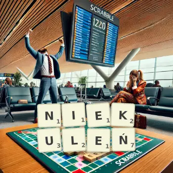 Kreatywna ilustracja do gry w Scrabble ze słowem NIEKULEŃ ułożonym z płytek na planszy.