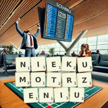 Kreatywna ilustracja do gry w Scrabble ze słowem NIEKUMOTRZENIU ułożonym z płytek na planszy.
