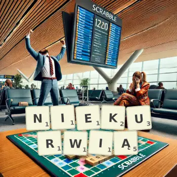 Kreatywna ilustracja do gry w Scrabble ze słowem NIEKURWIĄ ułożonym z płytek na planszy.