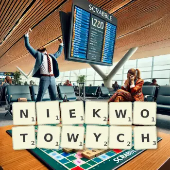 Kreatywna ilustracja do gry w Scrabble ze słowem NIEKWOTOWYCH ułożonym z płytek na planszy.