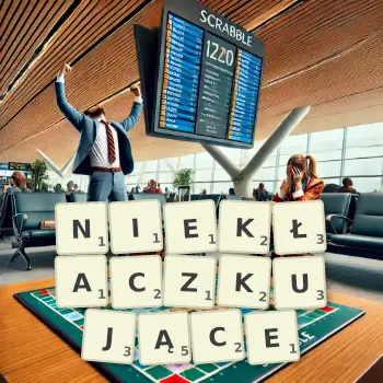 Kreatywna ilustracja do gry w Scrabble ze słowem NIEKŁACZKUJĄCE ułożonym z płytek na planszy.