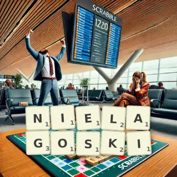 Kreatywna ilustracja do gry w Scrabble ze słowem NIELAGOSKI ułożonym z płytek na planszy.