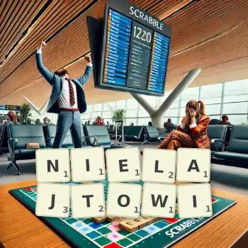 Kreatywna ilustracja do gry w Scrabble ze słowem NIELAJTOWI ułożonym z płytek na planszy.
