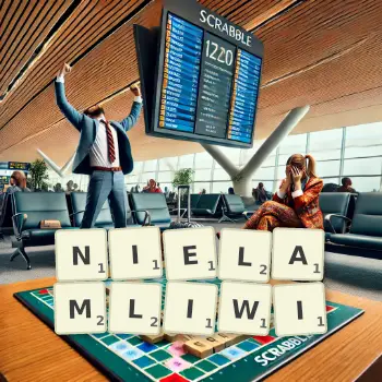 Kreatywna ilustracja do gry w Scrabble ze słowem NIELAMLIWI ułożonym z płytek na planszy.