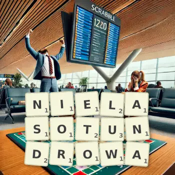 Kreatywna ilustracja do gry w Scrabble ze słowem NIELASOTUNDROWA ułożonym z płytek na planszy.
