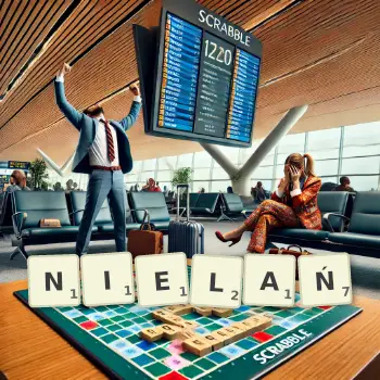 Kreatywna ilustracja do gry w Scrabble ze słowem NIELAŃ ułożonym z płytek na planszy.