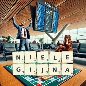 Kreatywna ilustracja do gry w Scrabble ze słowem NIELEGIJNA ułożonym z płytek na planszy.