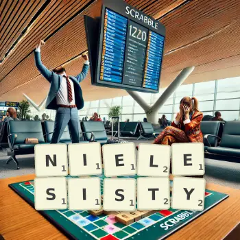 Kreatywna ilustracja do gry w Scrabble ze słowem NIELESISTY ułożonym z płytek na planszy.