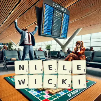 Kreatywna ilustracja do gry w Scrabble ze słowem NIELEWICKI ułożonym z płytek na planszy.