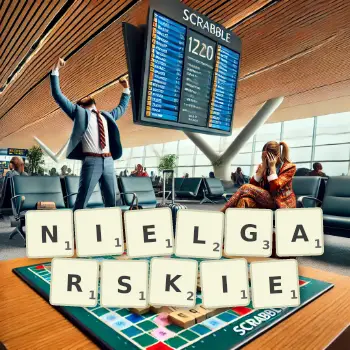 Kreatywna ilustracja do gry w Scrabble ze słowem NIELGARSKIE ułożonym z płytek na planszy.