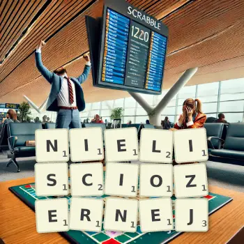 Kreatywna ilustracja do gry w Scrabble ze słowem NIELISCIOZERNEJ ułożonym z płytek na planszy.