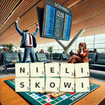 Kreatywna ilustracja do gry w Scrabble ze słowem NIELISKOWI ułożonym z płytek na planszy.