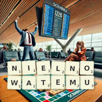 Kreatywna ilustracja do gry w Scrabble ze słowem NIELNOWATEMU ułożonym z płytek na planszy.