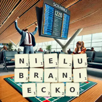 Kreatywna ilustracja do gry w Scrabble ze słowem NIELUBRANIECKO ułożonym z płytek na planszy.