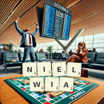 Kreatywna ilustracja do gry w Scrabble ze słowem NIELWIA ułożonym z płytek na planszy.