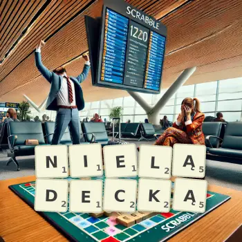 Kreatywna ilustracja do gry w Scrabble ze słowem NIELĄDECKĄ ułożonym z płytek na planszy.