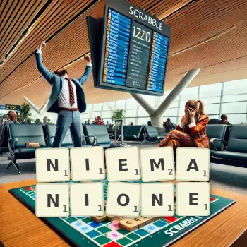 Kreatywna ilustracja do gry w Scrabble ze słowem NIEMANIONE ułożonym z płytek na planszy.