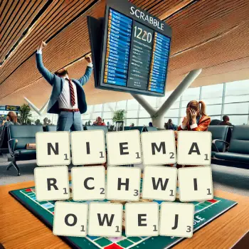 Kreatywna ilustracja do gry w Scrabble ze słowem NIEMARCHWIOWEJ ułożonym z płytek na planszy.