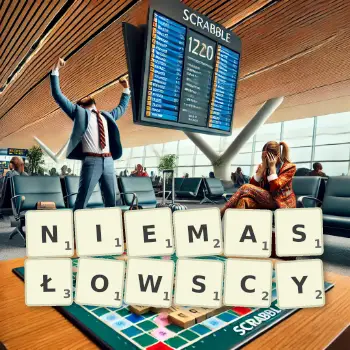 Kreatywna ilustracja do gry w Scrabble ze słowem NIEMASŁOWSCY ułożonym z płytek na planszy.