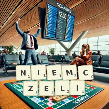 Kreatywna ilustracja do gry w Scrabble ze słowem NIEMCZELI ułożonym z płytek na planszy.