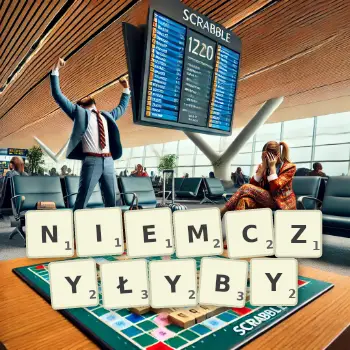 Kreatywna ilustracja do gry w Scrabble ze słowem NIEMCZYŁYBY ułożonym z płytek na planszy.