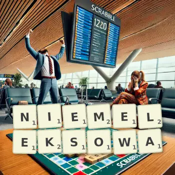 Kreatywna ilustracja do gry w Scrabble ze słowem NIEMELEKSOWA ułożonym z płytek na planszy.