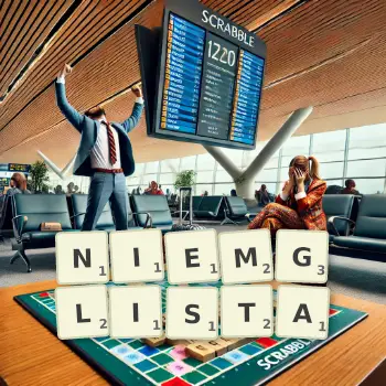 Kreatywna ilustracja do gry w Scrabble ze słowem NIEMGLISTA ułożonym z płytek na planszy.