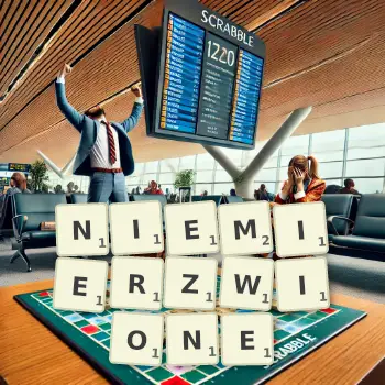 Kreatywna ilustracja do gry w Scrabble ze słowem NIEMIERZWIONE ułożonym z płytek na planszy.