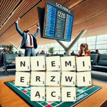 Kreatywna ilustracja do gry w Scrabble ze słowem NIEMIERZWIĄCE ułożonym z płytek na planszy.