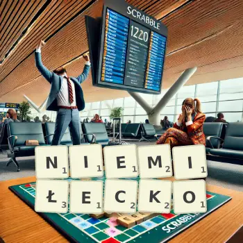 Kreatywna ilustracja do gry w Scrabble ze słowem NIEMIŁECKO ułożonym z płytek na planszy.