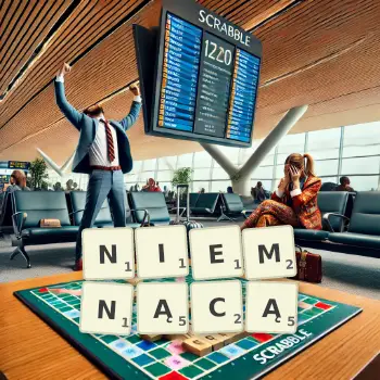 Kreatywna ilustracja do gry w Scrabble ze słowem NIEMNĄCĄ ułożonym z płytek na planszy.