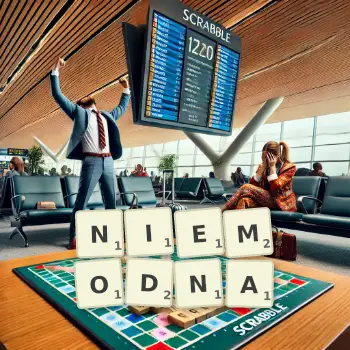Kreatywna ilustracja do gry w Scrabble ze słowem NIEMODNA ułożonym z płytek na planszy.