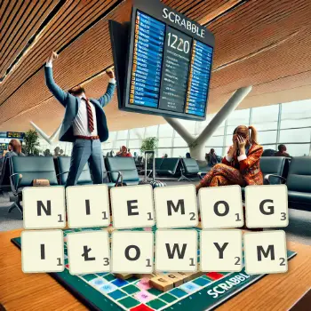 Kreatywna ilustracja do gry w Scrabble ze słowem NIEMOGIŁOWYM ułożonym z płytek na planszy.