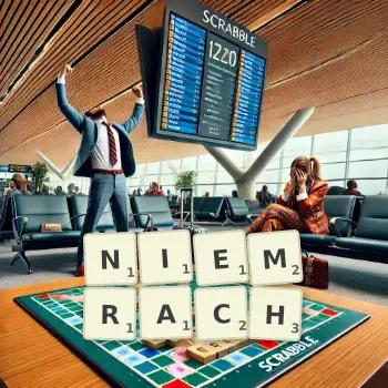 Kreatywna ilustracja do gry w Scrabble ze słowem NIEMRACH ułożonym z płytek na planszy.