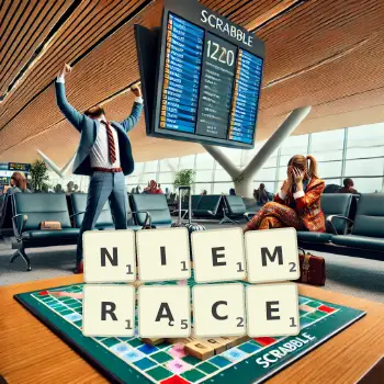 Kreatywna ilustracja do gry w Scrabble ze słowem NIEMRĄCE ułożonym z płytek na planszy.