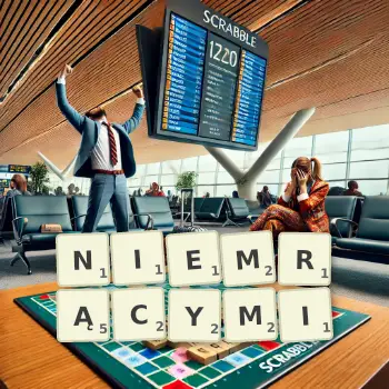 Kreatywna ilustracja do gry w Scrabble ze słowem NIEMRĄCYMI ułożonym z płytek na planszy.