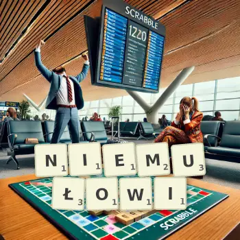 Kreatywna ilustracja do gry w Scrabble ze słowem NIEMUŁOWI ułożonym z płytek na planszy.