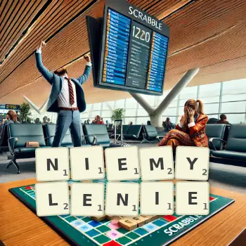 Kreatywna ilustracja do gry w Scrabble ze słowem NIEMYLENIE ułożonym z płytek na planszy.