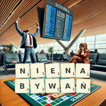 Kreatywna ilustracja do gry w Scrabble ze słowem NIENABYWAŃ ułożonym z płytek na planszy.