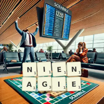 Kreatywna ilustracja do gry w Scrabble ze słowem NIENAGIE ułożonym z płytek na planszy.