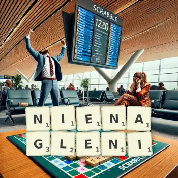 Kreatywna ilustracja do gry w Scrabble ze słowem NIENAGLENI ułożonym z płytek na planszy.