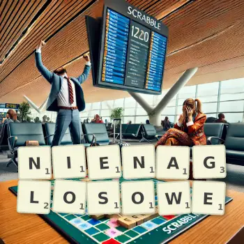 Kreatywna ilustracja do gry w Scrabble ze słowem NIENAGLOSOWE ułożonym z płytek na planszy.
