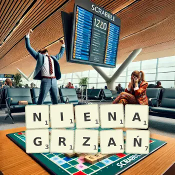Kreatywna ilustracja do gry w Scrabble ze słowem NIENAGRZAŃ ułożonym z płytek na planszy.