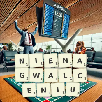 Kreatywna ilustracja do gry w Scrabble ze słowem NIENAGWALCENIU ułożonym z płytek na planszy.