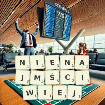 Kreatywna ilustracja do gry w Scrabble ze słowem NIENAJMŚCIWIEJ ułożonym z płytek na planszy.