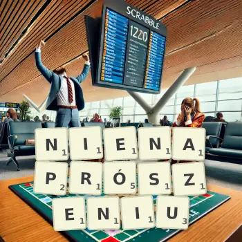 Kreatywna ilustracja do gry w Scrabble ze słowem NIENAPRÓSZENIU ułożonym z płytek na planszy.