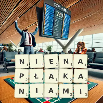 Kreatywna ilustracja do gry w Scrabble ze słowem NIENAPŁAKANIAMI ułożonym z płytek na planszy.