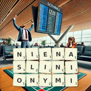 Kreatywna ilustracja do gry w Scrabble ze słowem NIENASLINIONYMI ułożonym z płytek na planszy.